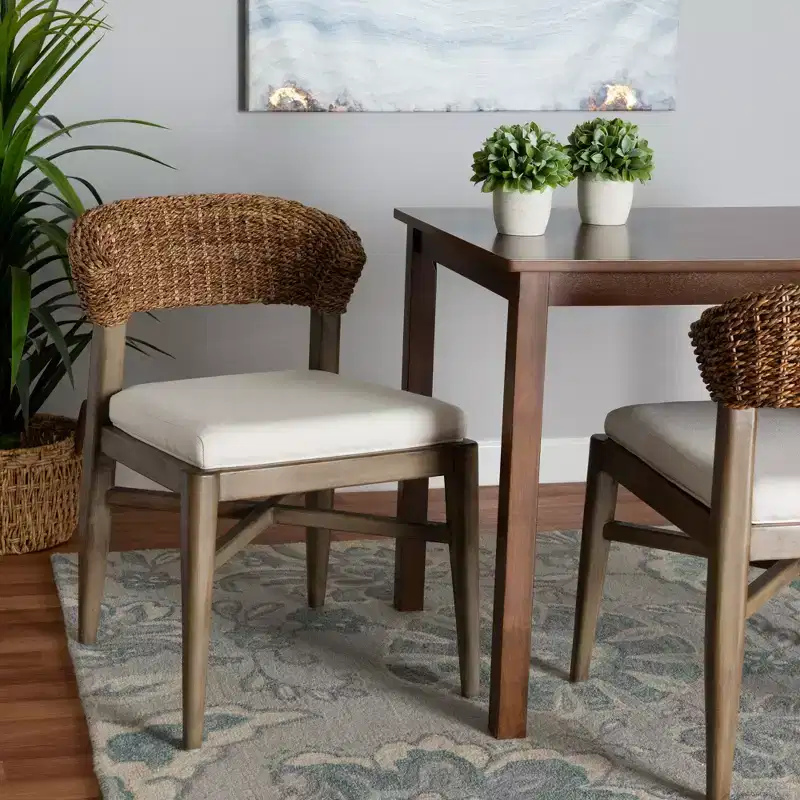 bali & pari Chloe Modern Bohemian Walnut Brown Finished Mahogany Wood and Natural Rattan Dining Chair