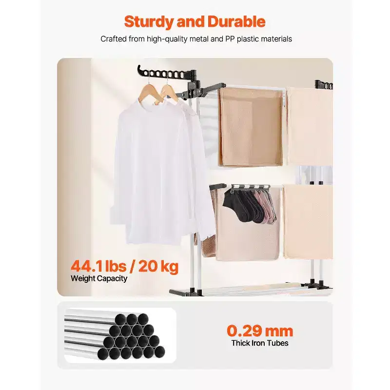 4-Tier Foldable Clothes Drying Rack with Wheels and Side Wings, 77 lbs Capacity