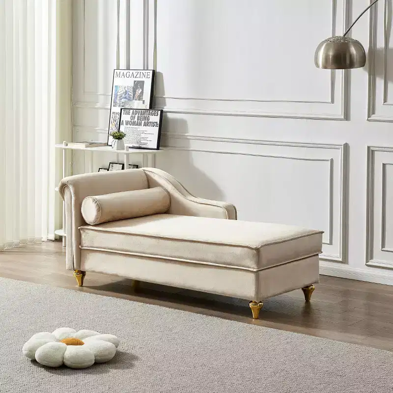 Laurel Velvet Chaise Lounge with Metal Legs and Storage