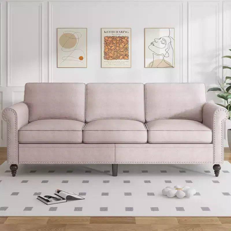 Linen Fabric Modern 3-Seater Sofa Couch with Rivet Design