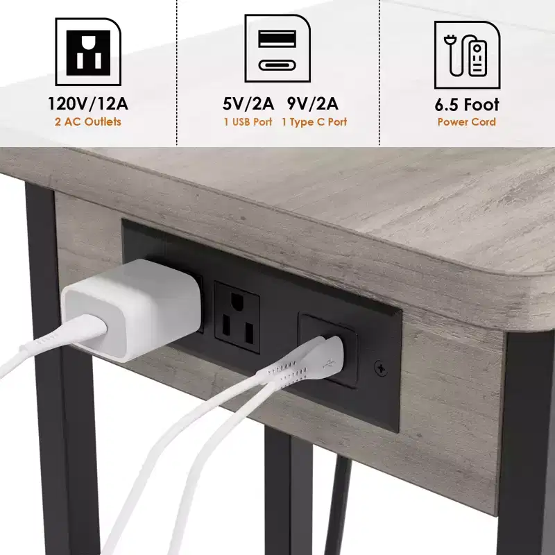 C Shaped End Table with Charging Station, Flip Top Side Table, Narrow Side Table with 3 Tier Storage Shelf, for Living Room & Bedroom