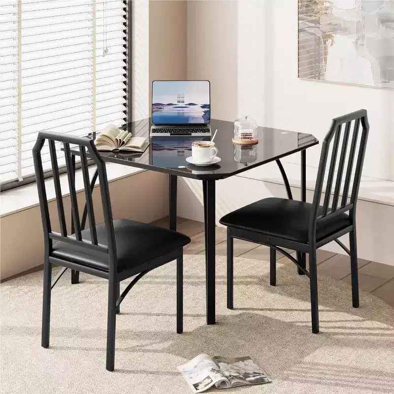 Glass Dining Table Set, Kitchen Table and Chairs with Chamfer Design, 3/5 Piece Dining Room Table Set with Cushion Seats