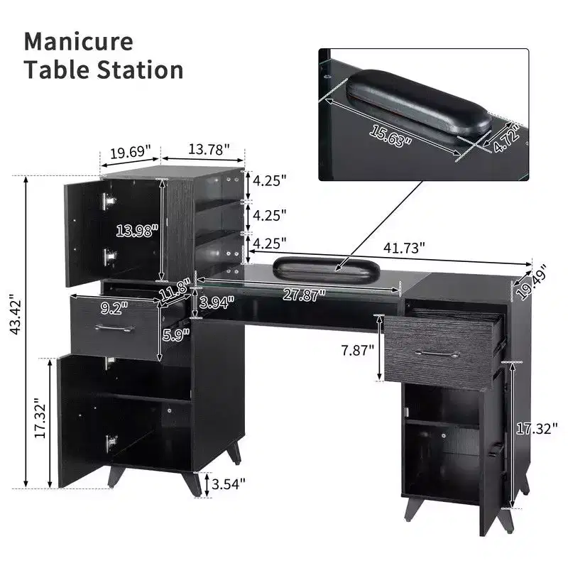 Manicure Table Modern Salon Nail Desk with Glass Top & Wrist Cushion
