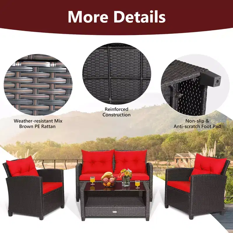 Costway 8 PCS Patio Rattan Furniture Set Glass Table Shelf Sofa Cushion Black/Red/Turquoise/Navy/Gray