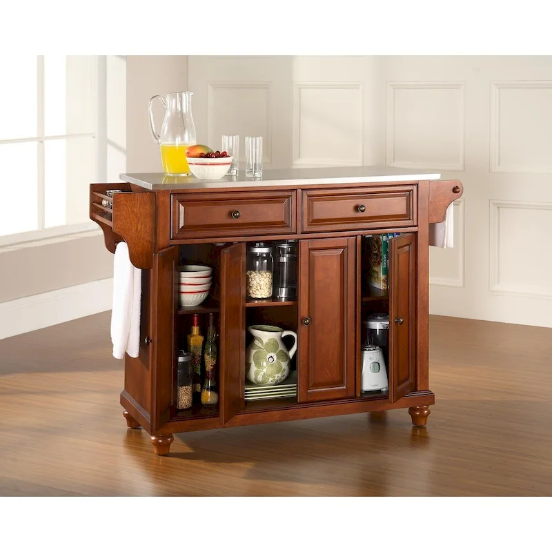 Crosley Cambridge Stainless Steel Top Kitchen Island in Classic Cherry Finish - 18d x 51.5w x 36h