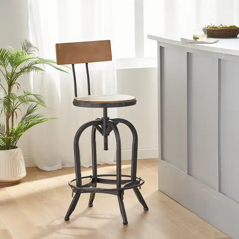 Barstool With Adjustable Height, Fir Wood Seat, Metal Frame