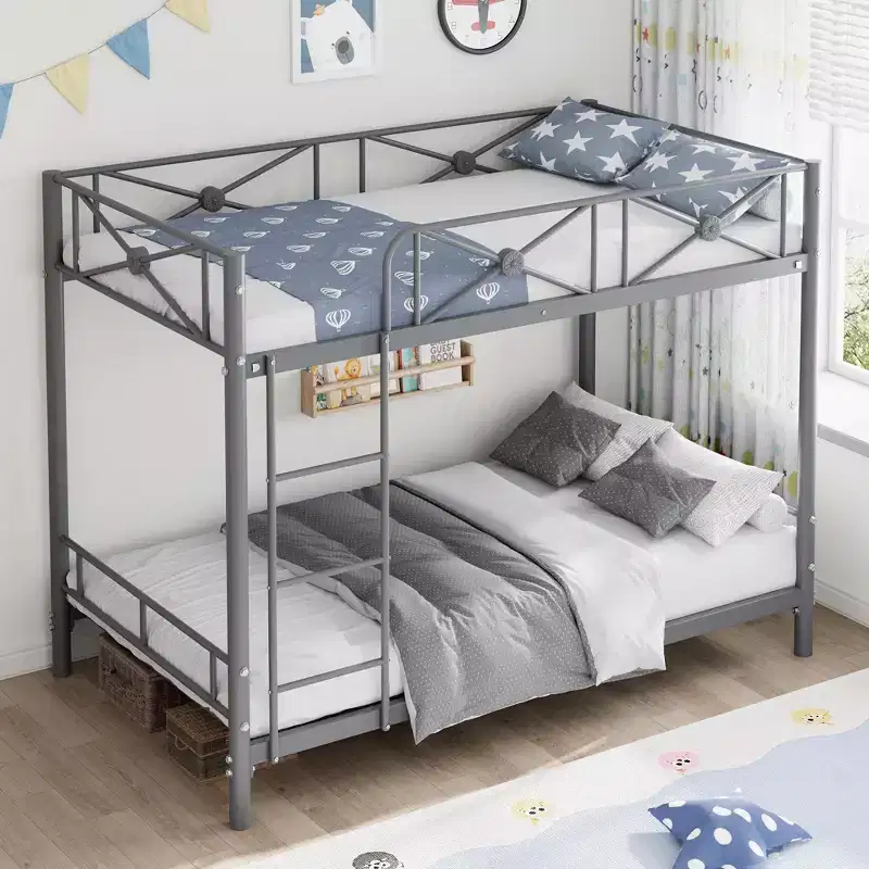 Twin Over Twin Metal Bunk Bed with Floral Design & Safety Guardrail