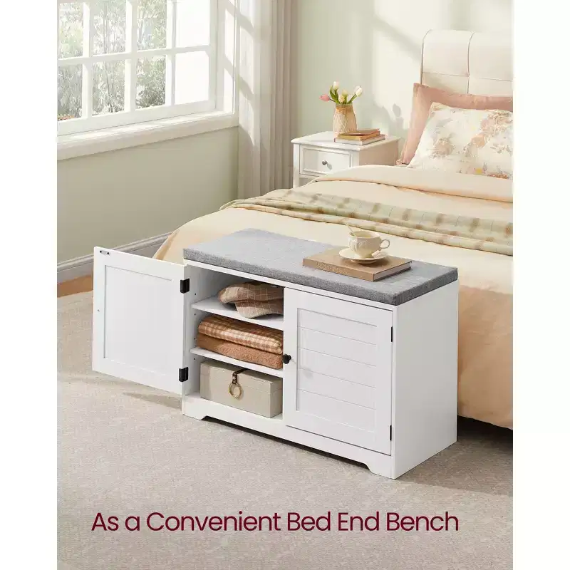 3-Tier Shoe Storage Bench with Cushion, 31.9 Inch Entryway Seat with Adjustable Shelves and Doors, Cloud White