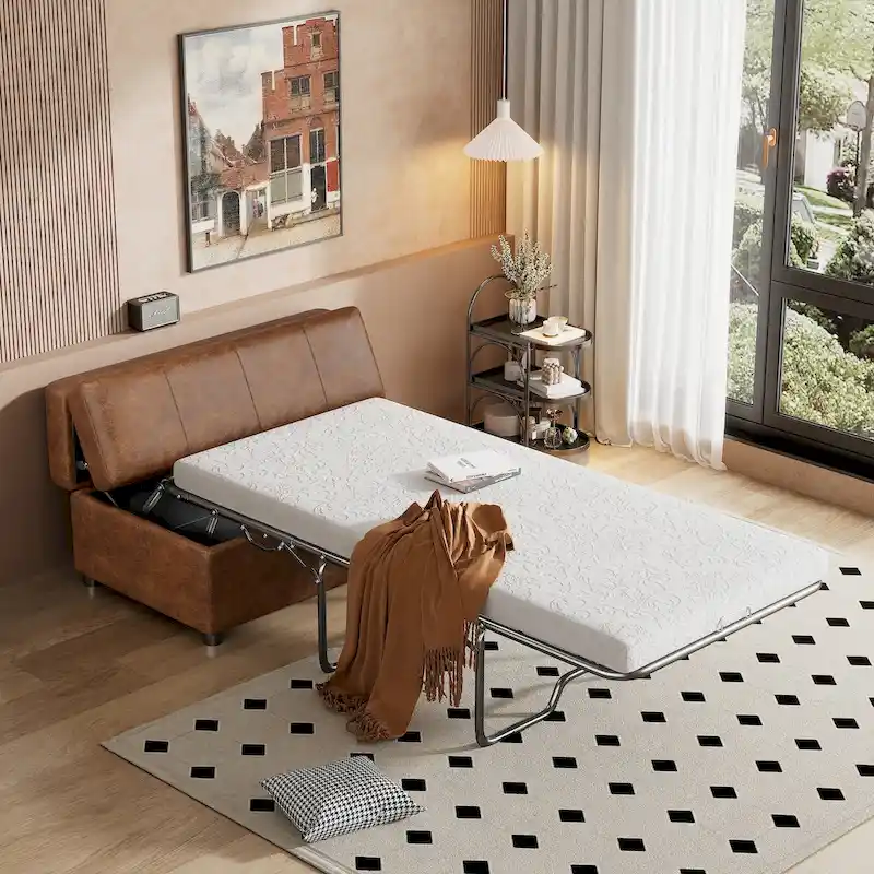 Twin Size Folding Pull out Ottoman Sleeper Bed with Mattress Convertible Guest Bed, PU Upholstered Sleeper Sofa