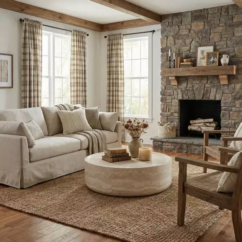 39.37'' Round Faux Travertine Texture Coffee Table, Modern Faux Marble Pattern Living Room Table (No Assembly Needed)