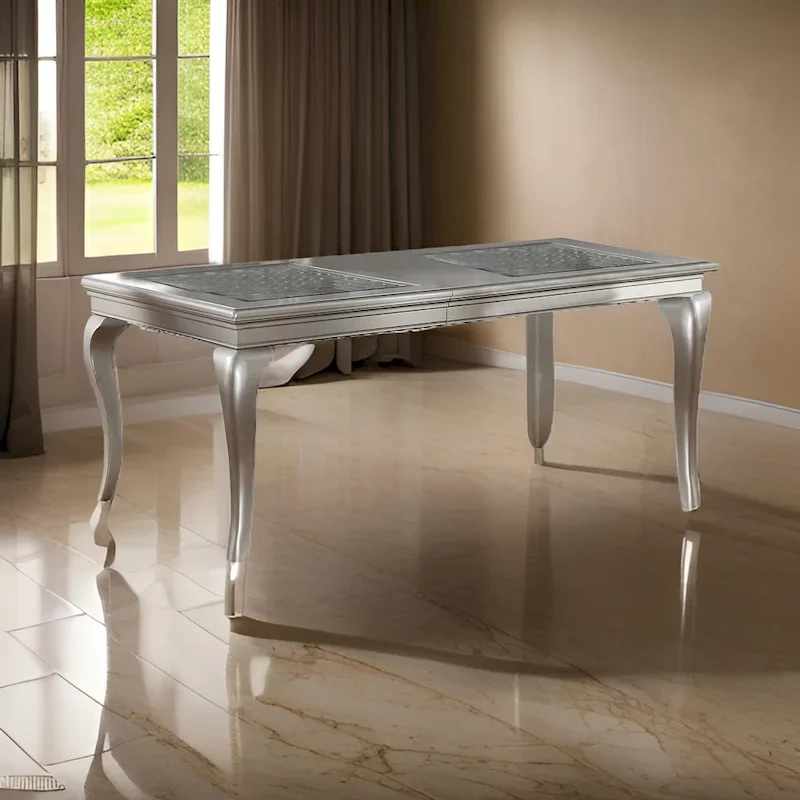 66-84 Inch Dining Table, 6 Seater Extendable, Glass Silver Wood