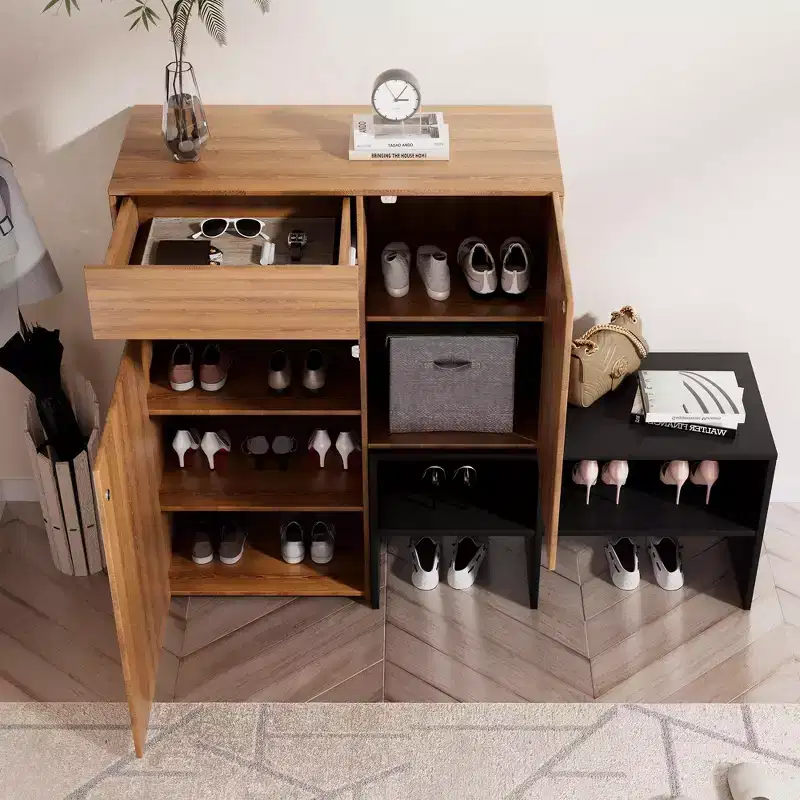 HYLEORY Farmhouse Shoe Storage Cabinet with Shoe Bench, 4-Tier Shoe Cabinet Shelves for 20 Pairs