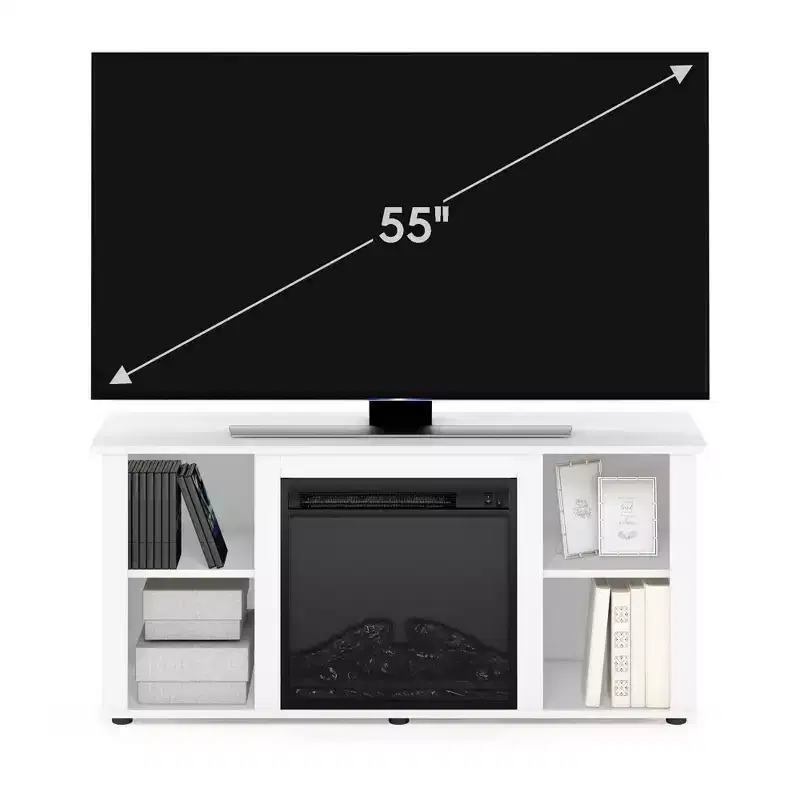 Furinno Fireplace TV Stand Entertainment Center TV Console Cabinet w/Open Storage Shelf for TV up to 55,White