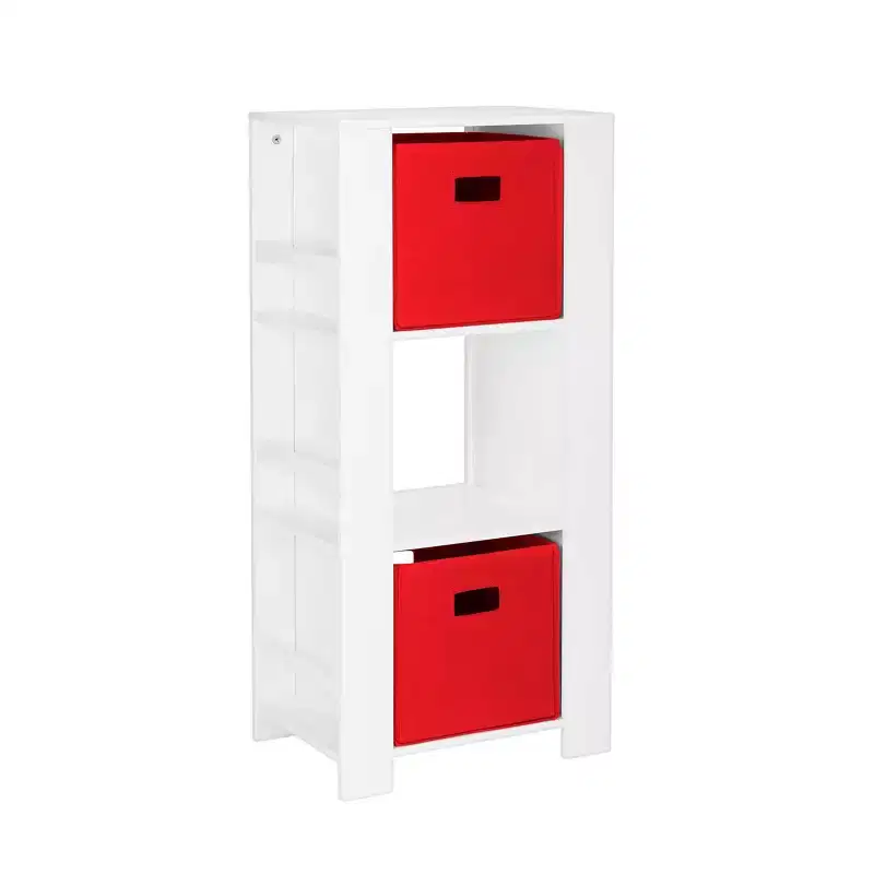 RiverRidge Kids' Bookshelf and Toy Organizer Tower with 3 Cubbies and 6 Bookracks White with 2 Fabric Bins