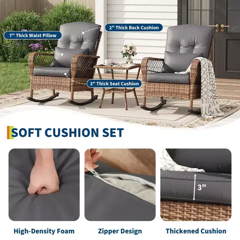 High-Back Wicker Patio Rocking Chair with Cushions, All-Weather Rattan Outdoor Chair for Porch, Removable Washable Covers, 330 lb Capacity