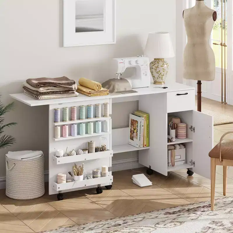 Sewing Table with Storage, Folding Craft Table with Lockable Wheels and Sliding Drawer