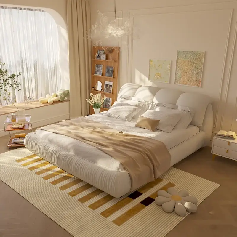King Size Luxury Upholstered Platform Bed with Oversized Padded Backrest and Solid Wood Frame