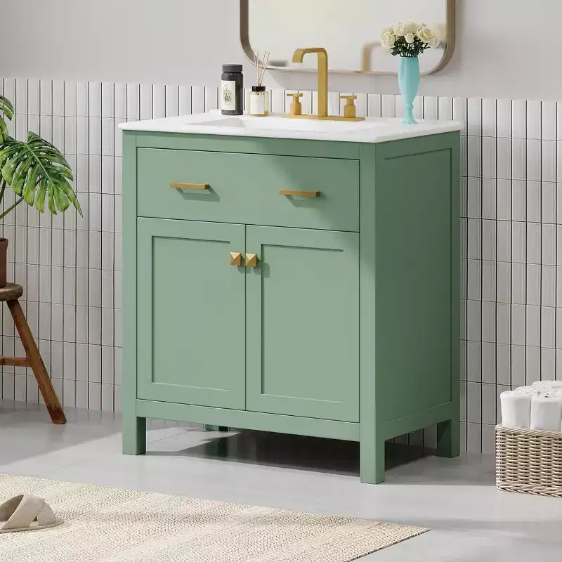 30 Inch Modern Bathroom Vanity with Ceramic Sink, Flip-Out Drawer, 2 Soft Close Doors & Storage Shelves, Green Bathroom Cabinet