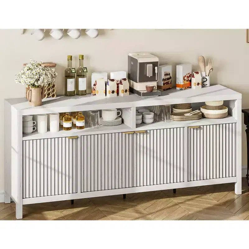 4 Door Recessed Sideboard, Large Kitchen Sideboard, Mid-Century Buffet Table Bar Coffee Bar Wooden Sideboard for Living Room Dining Room Entry
