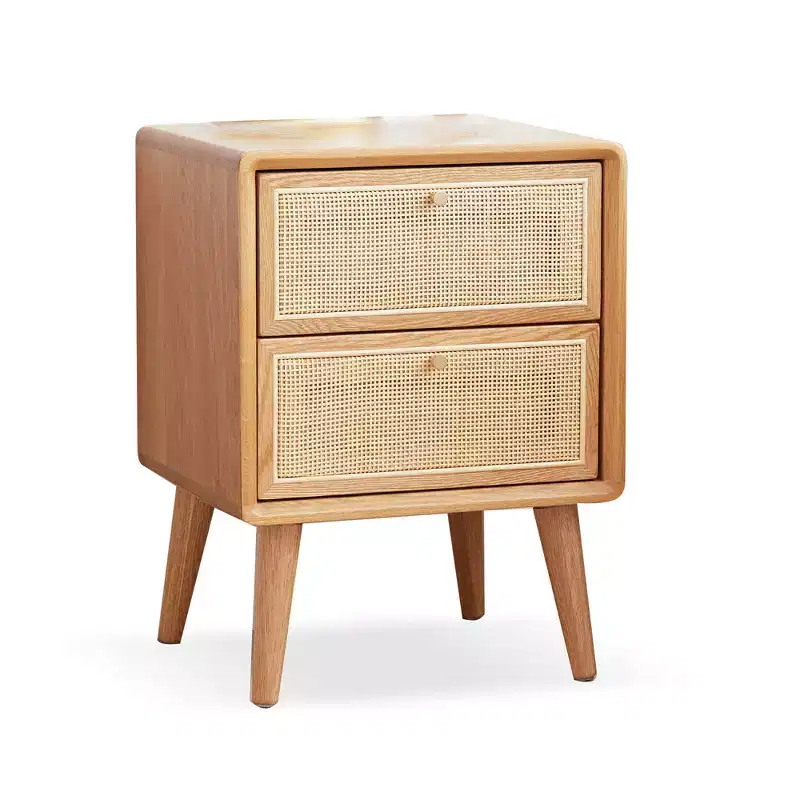 Nightstand Table, Rectangular Minimalist Style Nightstand With 2 Rattan Design Drawers, Modern Wood Sofa Side Table For Reception Room, Living Room