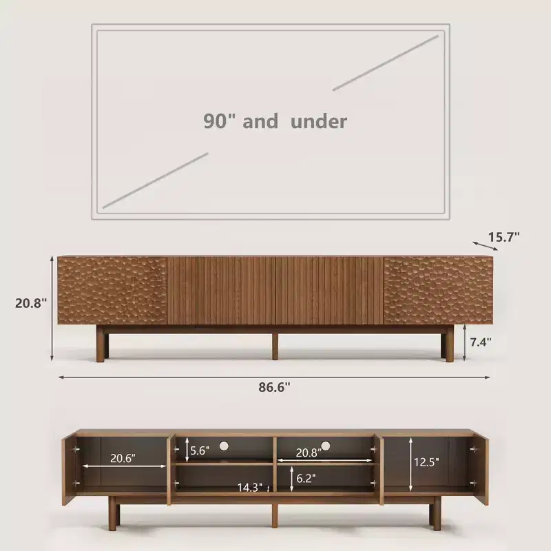 86.6-Inch TV Stand for TVs up to 90 Inches, Density Board with Solid Wood Legs