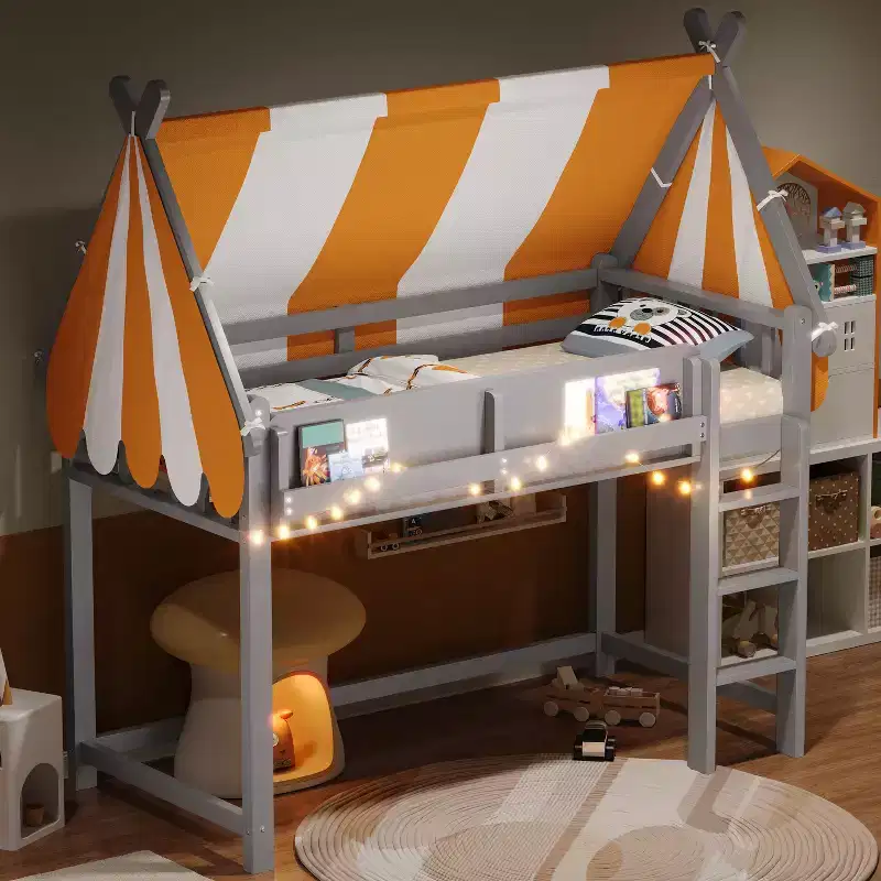 Twin/Full Size Loft Bed with Canopy and Roof, Wood House Bed with LED Lights & Book Shelf for Girls Boys Bedroom