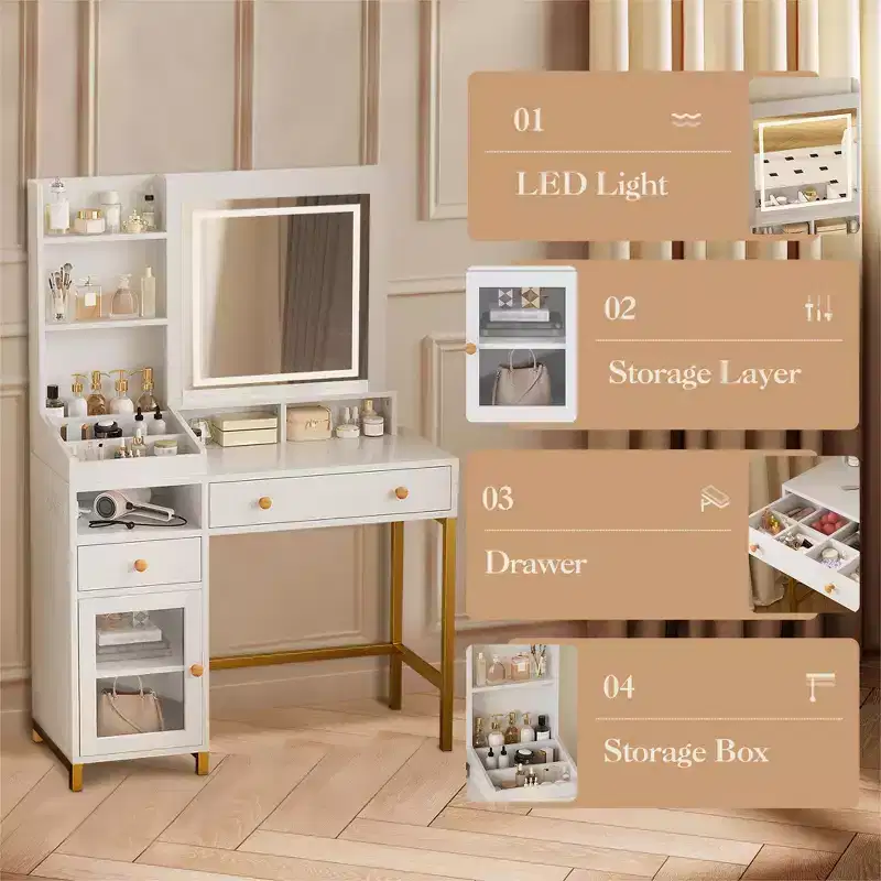 Vanity Desk with Lighted Mirror, Large Makeup Dressing Table with Power Outlet 2 Drawers 1 Cabinet and Open Storage Shelves for Bedroom Women Girls