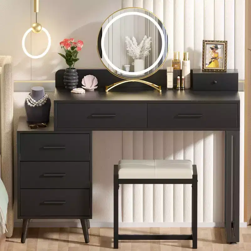Vanity Desk with Stool and LED Mirror, Makeup Table with Wood Drawers