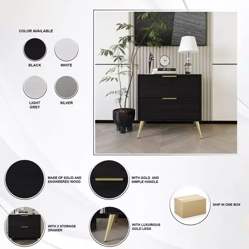 2-Drawer Nightstand with Gold Legs and Handles, Solid Wood