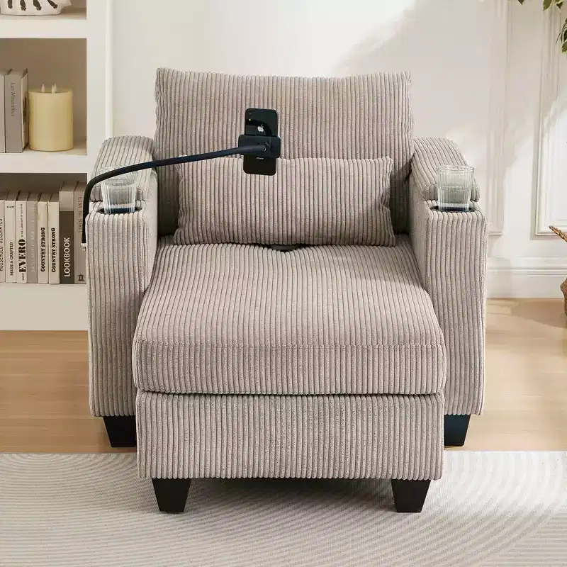 MAYEERTY Convertible Chaise Sofa Bed Corduroy Sleeper Sofa with Ports Cup Holders Ample Storage Space for Living Room Brown