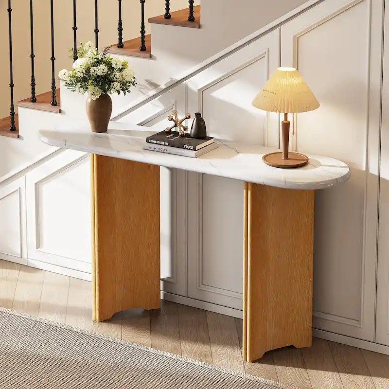 Oval Faux Marble Top Console Table Entryway Table, Narrow Sofa Table Hallway Accent Table with Triangular Base