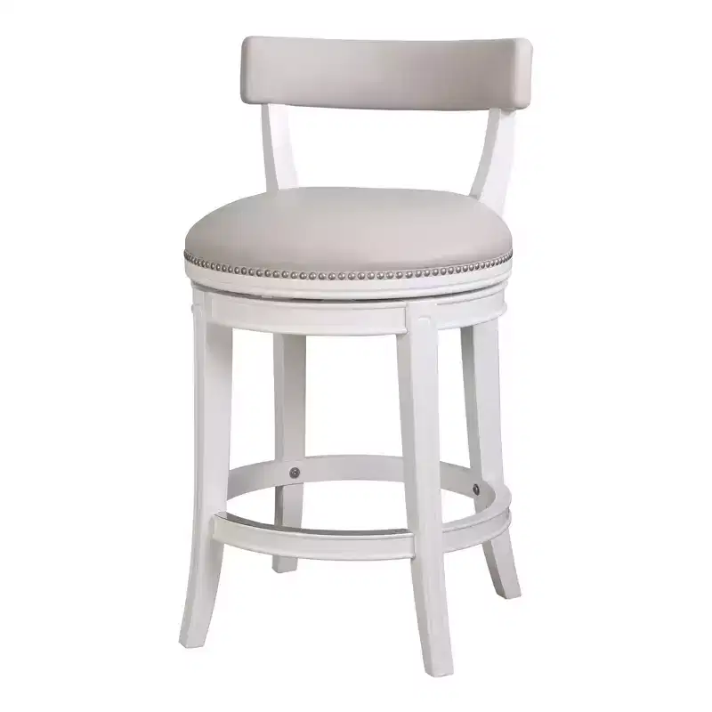 Gray and White Faux Leather and Solid Wood Low Back Counter Height Swivel Bar Chair