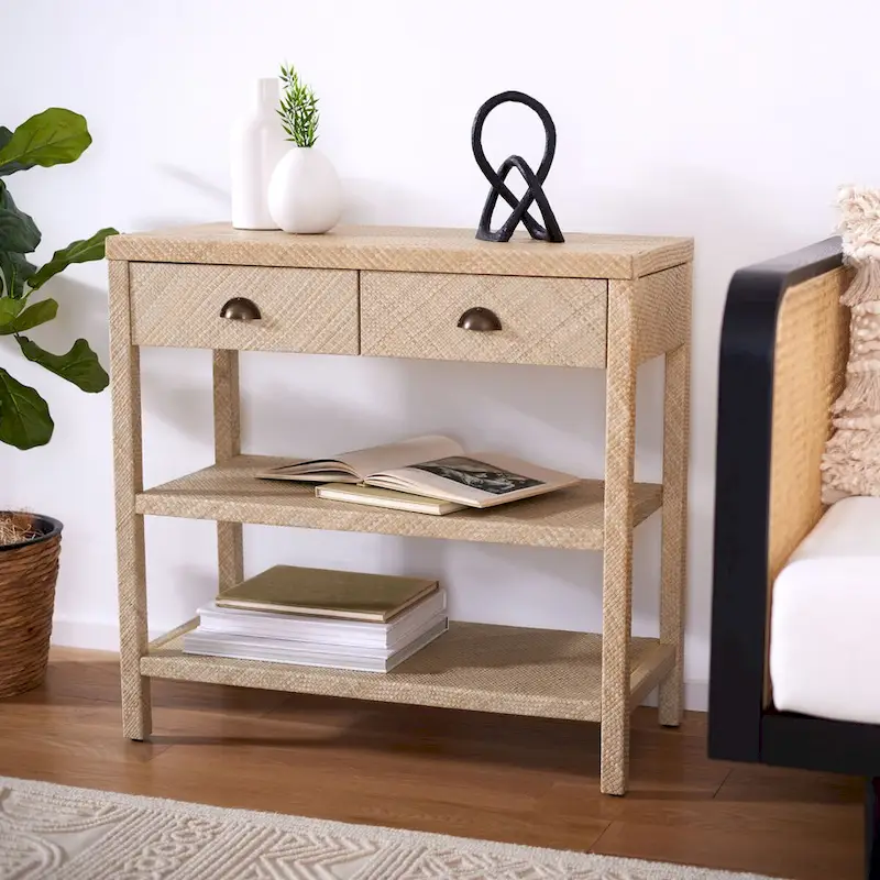Raffia Console Table – Light Natural / Gold, Woven Texture, 2 Drawers & 2 Shelves, Single