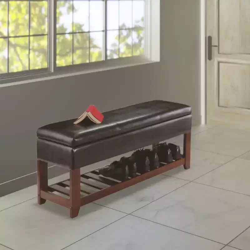 Monza Bench with Storage Chest and Shoe Rack, Faux Leather Cushion - Winsome