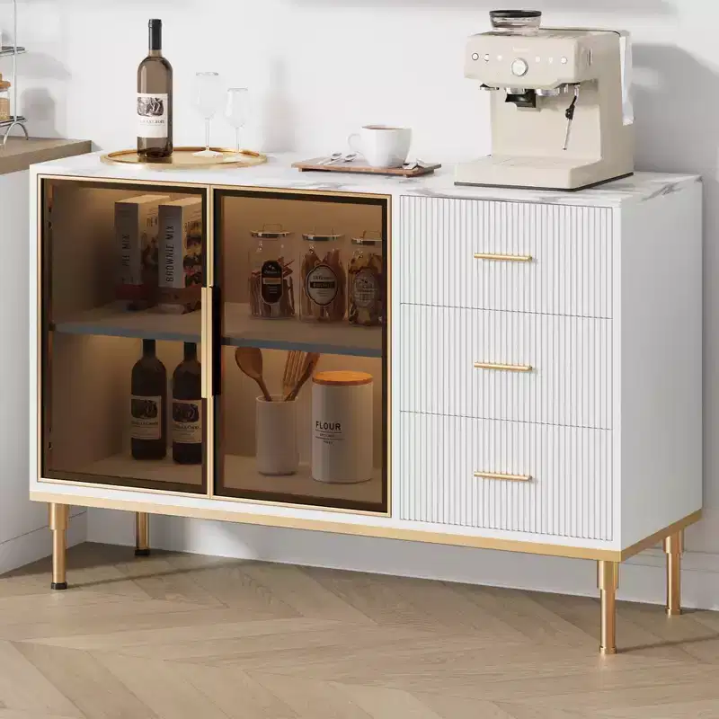 GustoWave Buffet Sideboard Cabinet with Storage, 46.4 Large Fluted Kitchen Sideboard Cabinet with 2 Glass Doors 3 Drawers and Shelves, Buffet Table