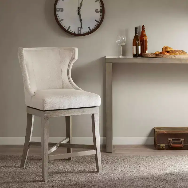 Swivel Counter Height Barstool, Cream Upholstered Seat, Rubberwood Frame, 300 lbs