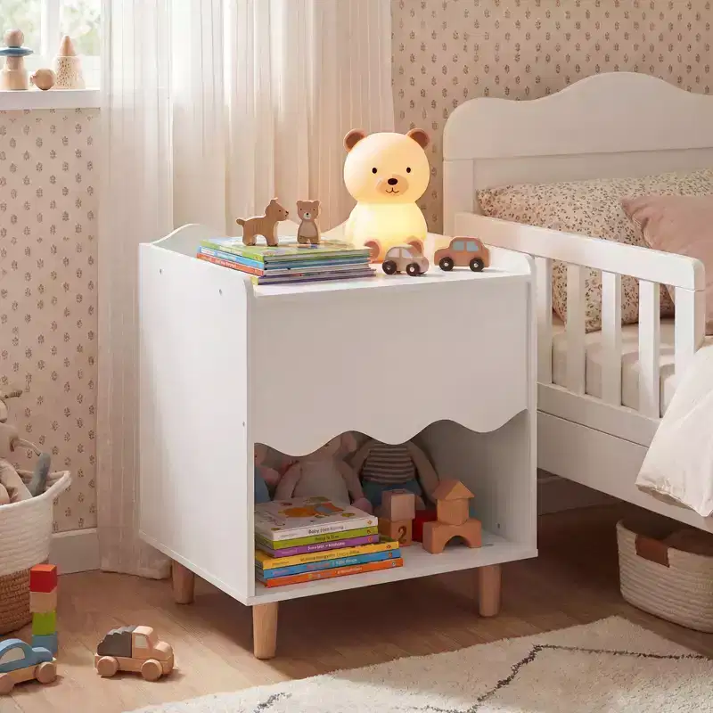 Kids Nightstand, Toddler Scalloped Side Table with Wide Top & Open Compartment Pink/White