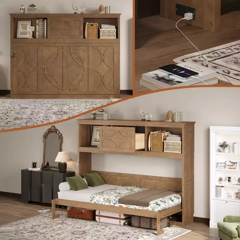 Wood Twin Murphy Bed with Charging Station, Storage Cabinets & Drawer