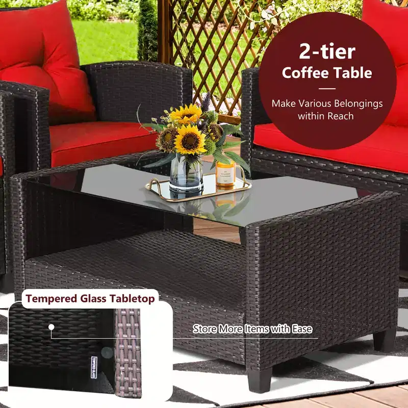 Costway 8 PCS Patio Rattan Furniture Set Glass Table Shelf Sofa Cushion Black/Red/Turquoise/Navy/Gray