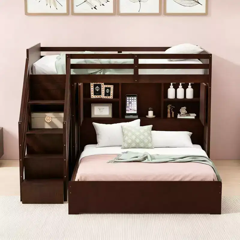 Luxystar Twin Over Full L-shaped Bunk Bed With Storage Stairs, Cabinet, Armoire and Light