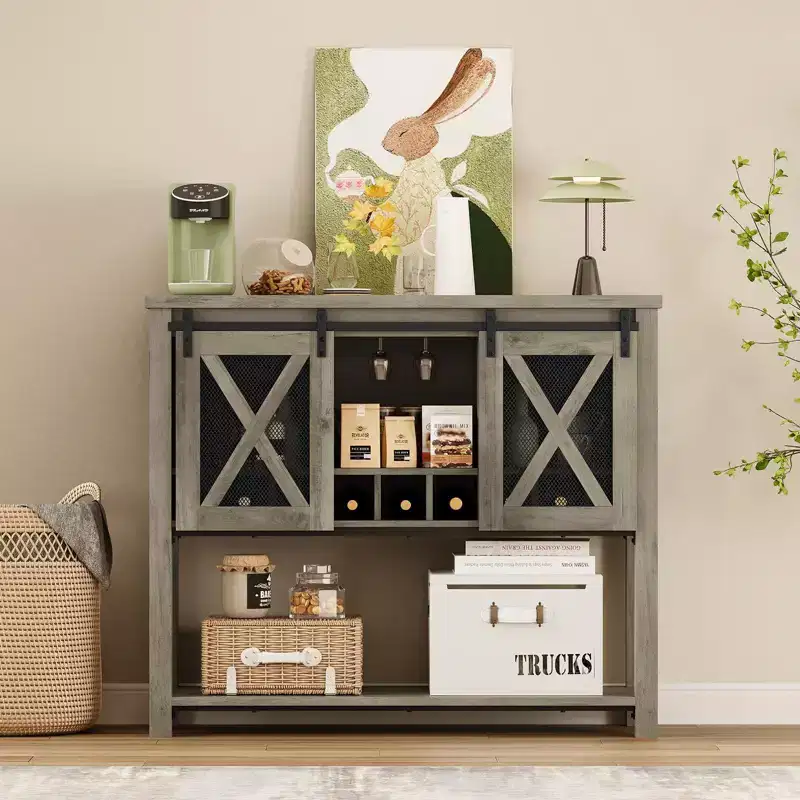 Coffee Bar Cabinet, Farmhouse Sideboard Buffet Cabinet with Sliding Barn Doors, Wine Racks, Open Storage Shelf