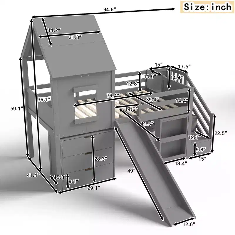 Wood Twin Loft Bed with Slide, Removable Desk & Storage Stairs