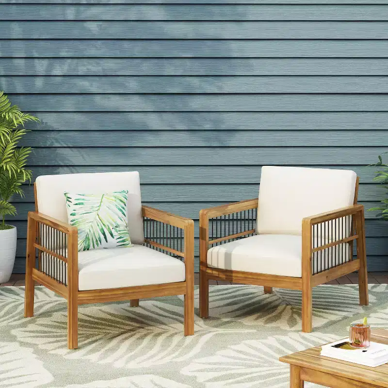 Christopher Knight Home Elias Outdoor Acacia Wood and Iron Club Chair with Cushions