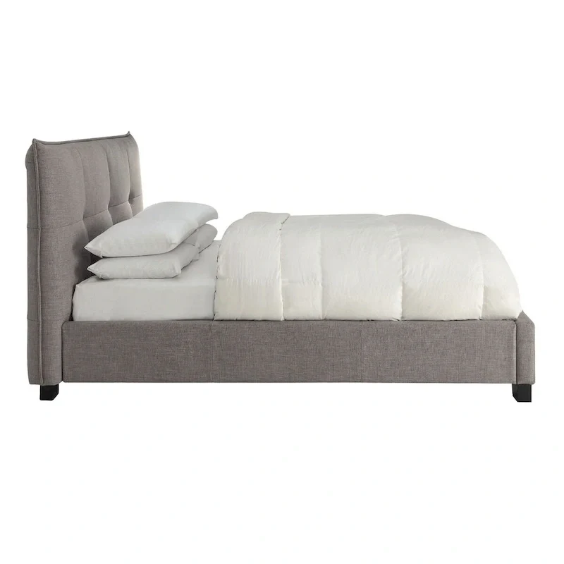 Low Profile King Bed with Storage, Tufted Linen Upholstery, Gray