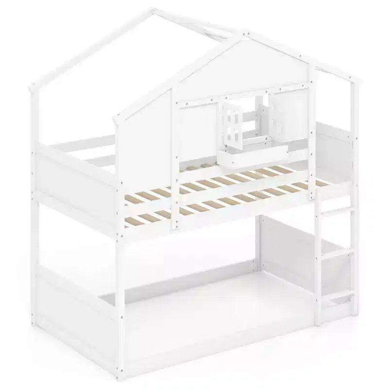 Costway Twin Over Twin Bunk Bed for Kids with Roof Lockable Window Storage Box Wood Slats