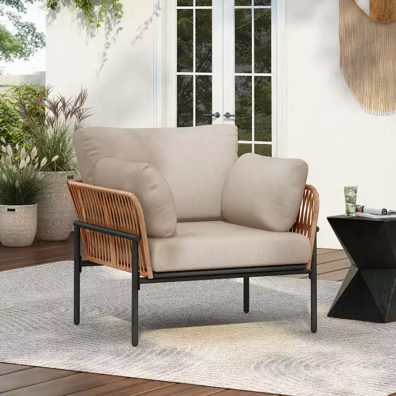 36-Inch Beige and Light Wood-Tone Rope Iron Lounge Chair with Cushions, for Natural Spaces