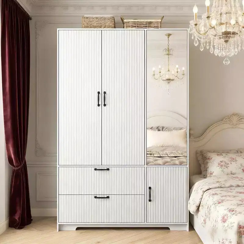 4 Doors White Wardrobe Closet with Mirror, LED Lights, 2 Drawers, Hanging Rod & Adjustable Shelves, Wooden Bedroom Storage Cabinet