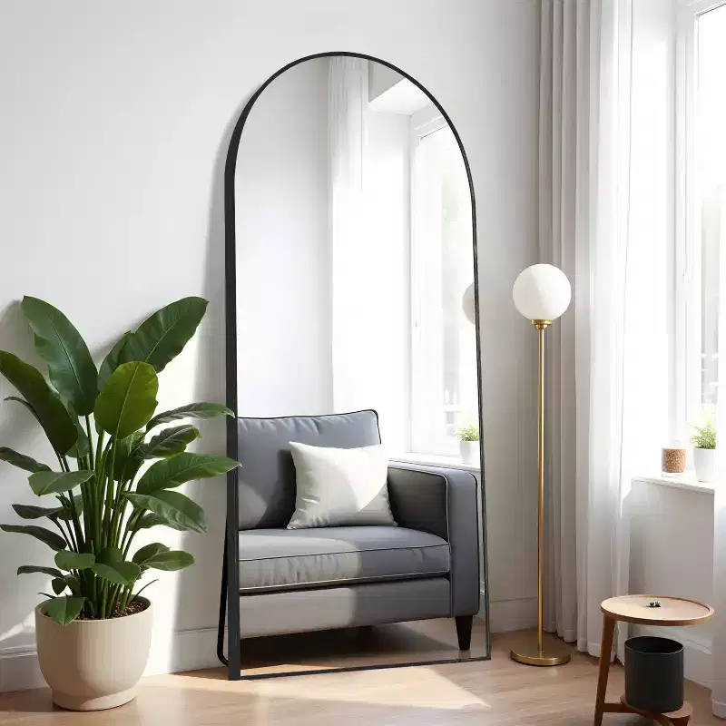 31 in. W x 71 in. H Full Length Arched Free Standing Body Mirror, Metal Frame, Black