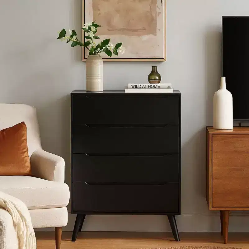 4 Drawer Wooden Chest with Round Tapered Legs, Black