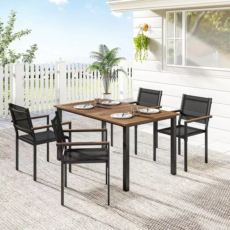 Outsunny Outdoor Dining Set for 4, 59 Rectangle Acacia Wood Outdoor Table and 352 LBS Stackable Chairs, Patio Set for Garden, Backyard, Deck, Teak